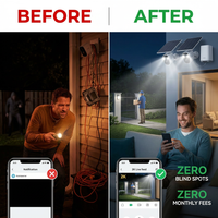 Solar Security Camera Kit Built for 24/7 Surveillance, 3MP Resolution, 360° PTZ, 32GB Storage, No Monthly Fees — Before & After