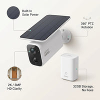 Solar Security Camera Kit Built for 24/7 Surveillance, 3MP Resolution, 360° PTZ, 32GB Storage, No Monthly Fees — infographic